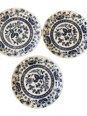 Set of 3 Blue Onion 6" Bread/Dessert Plates Blue White Floral Banner Japan